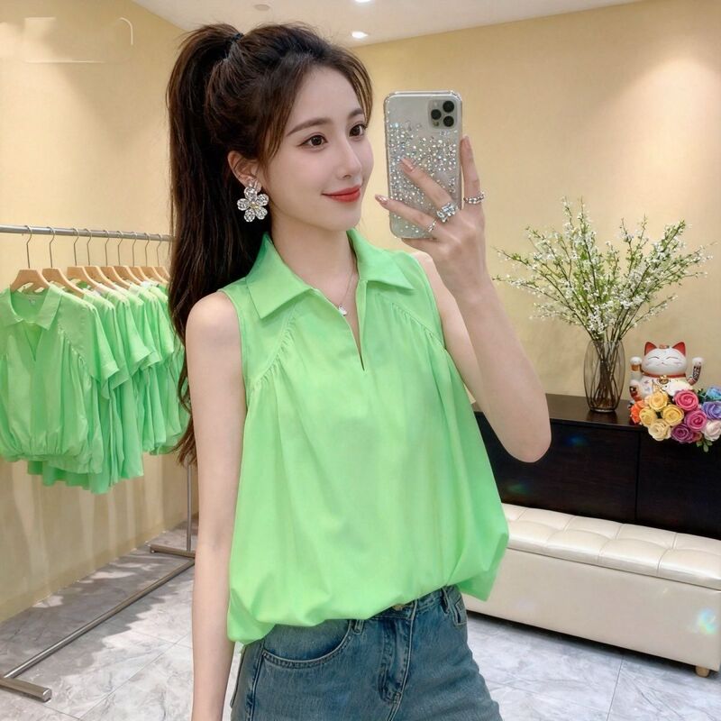 Versatile and Fashionable Summer French-Style Vest with a Turn-Down Collar, Green Shirt, New Slim-Fit Sleeveless Top Versatile and Fashionable Summer French-Style Vest with a Turn-Down Collar, Green Shirt, New Slim-Fit Sleeveless Top