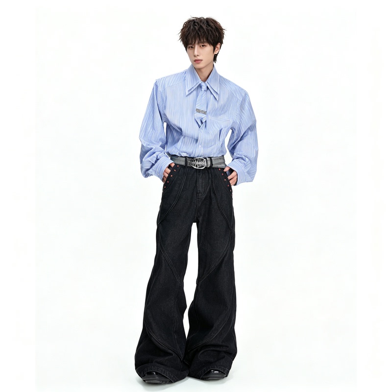 Film Holiday Striped Waist-Cinching Shoulder-Padded Shirt for Men with Double-Layer Tie Design, Loose Fit, Runway High Street Autumn Top Film Holiday Striped Waist-Cinching Shoulder-Padded Shirt for Men with Double-Layer Tie Design, Loose Fit, Runway High Street Autumn Top