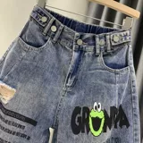 Штаны, летние джинсы, свободный крой, эластичная талия, по фигуре, высокая талия