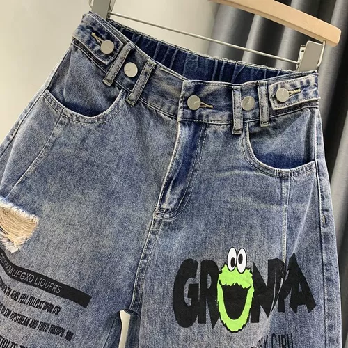 Штаны, летние джинсы, свободный крой, эластичная талия, по фигуре, высокая талия