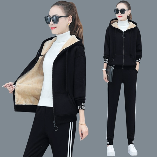 Спортивный костюм, бархатная толстовка с капюшоном, джинсы с начесом, комплект, большой размер, 2020