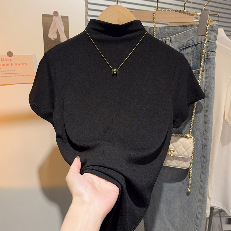 Black Short-Sleeve T-Shirt for Women, Half-High Collar, Thin Base Shirt, Ice Silk Ribbed, Regular Shoulder, Slimming, Casual Wear Black Short-Sleeve T-Shirt for Women, Half-High Collar, Thin Base Shirt, Ice Silk Ribbed, Regular Shoulder, Slimming, Casual Wear
