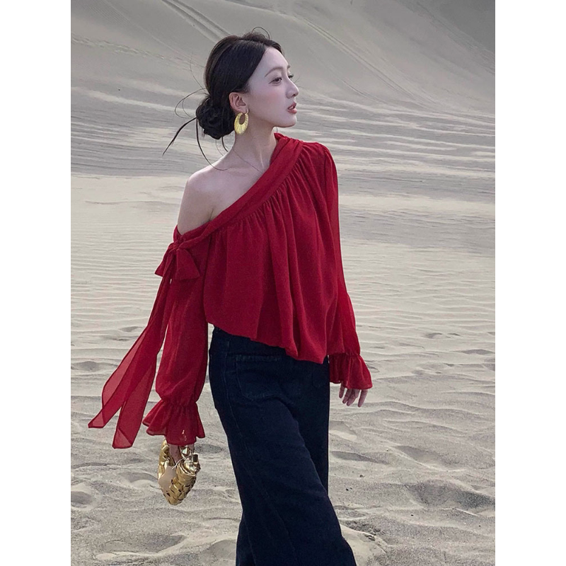 Stunning Summer Off-Shoulder Red Design Long-Sleeve Top, Trendy 2026 French-Style Chic Shirt