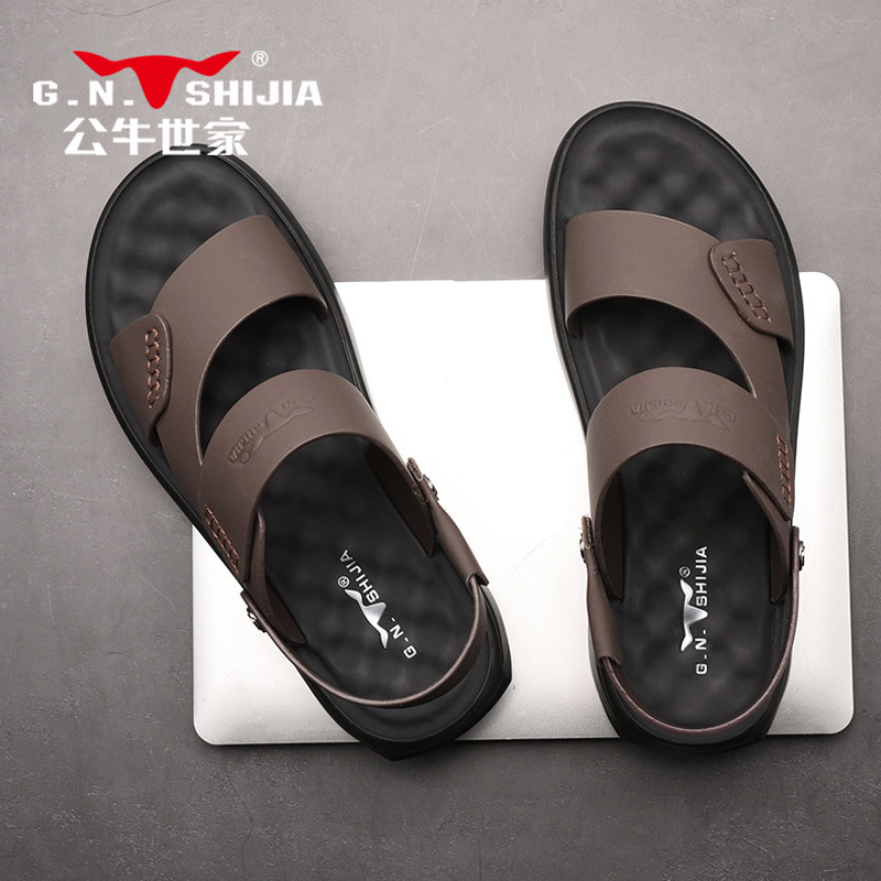 Bull family men's sandals 2022 new summer leather beach shoes leather dual-use outer wear driving sandals and slippers
