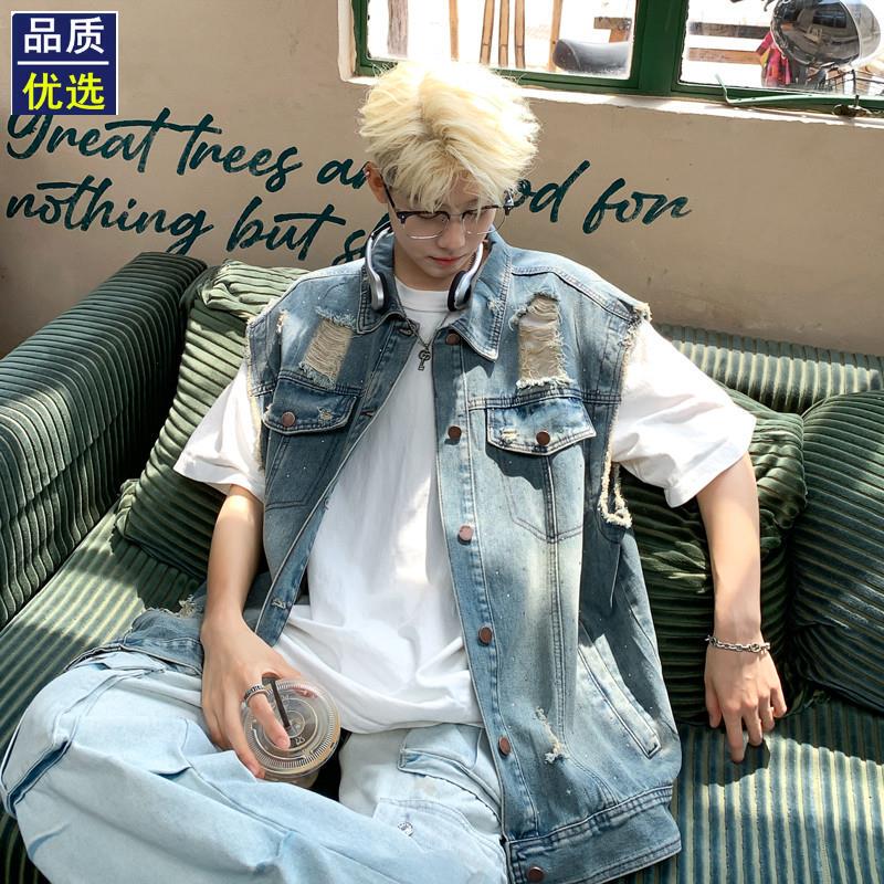 American Retro Sleeveless Denim Vest for Men, Summer Washed Distressed Workwear Jacket, Trendy Brand Vest