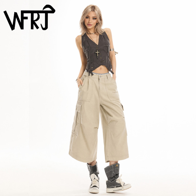 American-Style Khaki Workwear Cropped Pants for Women, Summer Loose Multi-Pocket High-Waisted Casual Mid-Length Wide-Leg Pants Trendy