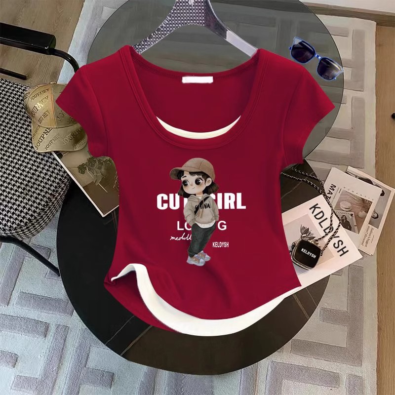 女性用フェイクツーピースUネック半袖Tシャツ、2025年新作夏服、カーブした裾のショートショルダートップス、小柄な方向け