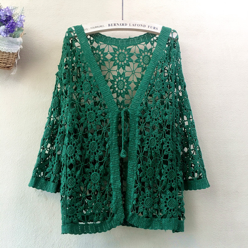 Daisy Crochet Hollow-Out Cardigan Jacket for Women, Loose Mid-Sleeve Beach Sun Protection Shirt, Air Conditioning Shirt, Lace Overlay Daisy Crochet Hollow-Out Cardigan Jacket for Women, Loose Mid-Sleeve Beach Sun Protection Shirt, Air Conditioning Shirt, Lace Overlay