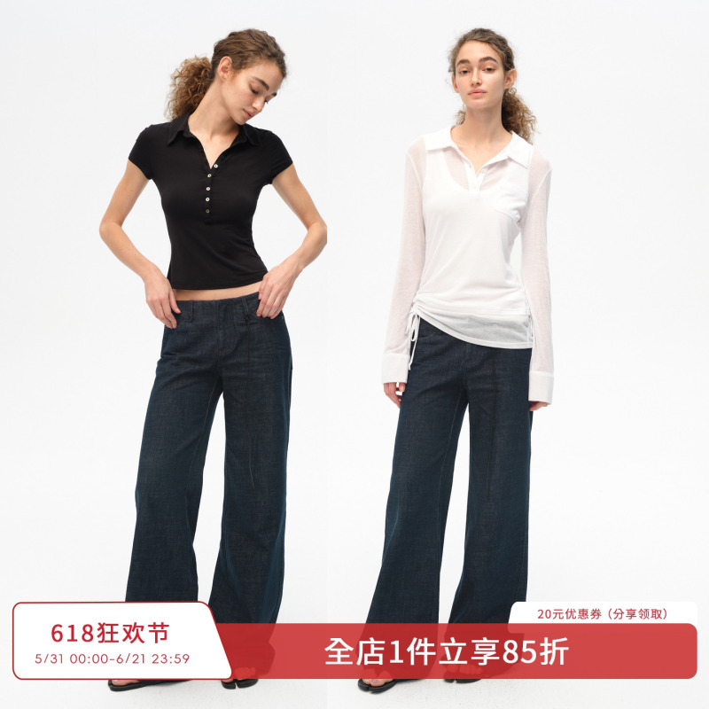 Smiiile Retro Original Color Washed No-Waistband Wide-Leg Jeans for Women, Low-Waist, Summer Loose Slimming Straight-Leg Pants
