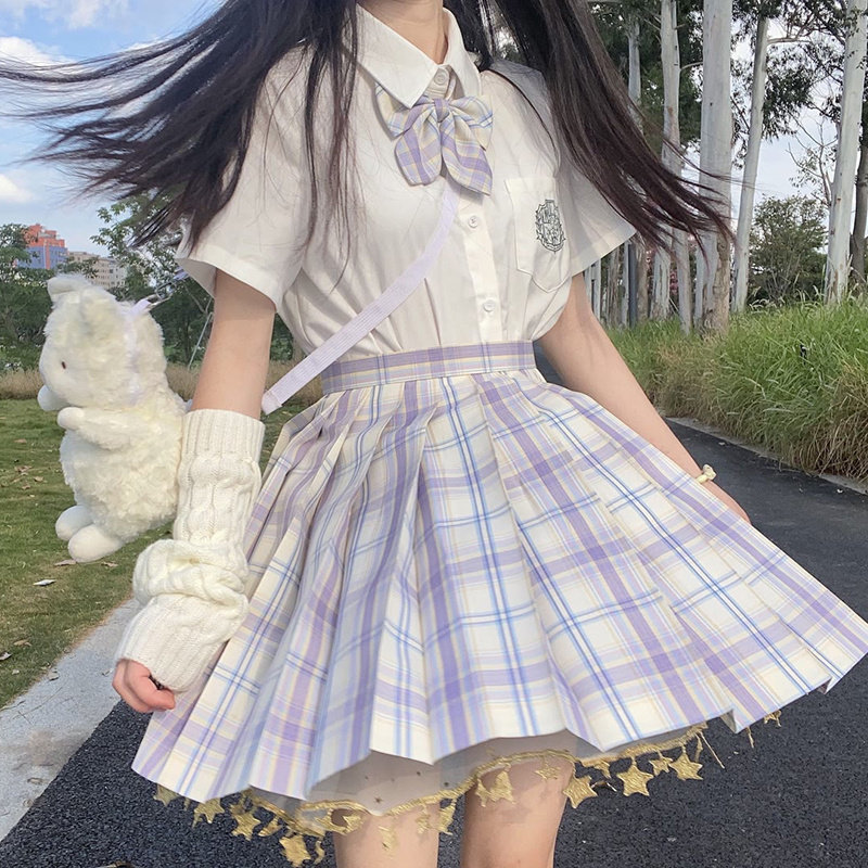 Electric Race Teenage Girl Jk Uniform Suit Full Day Ensemble School Uniform Summer College Wind Short Sleeve Shirt Star Nog Skirt Plexigo