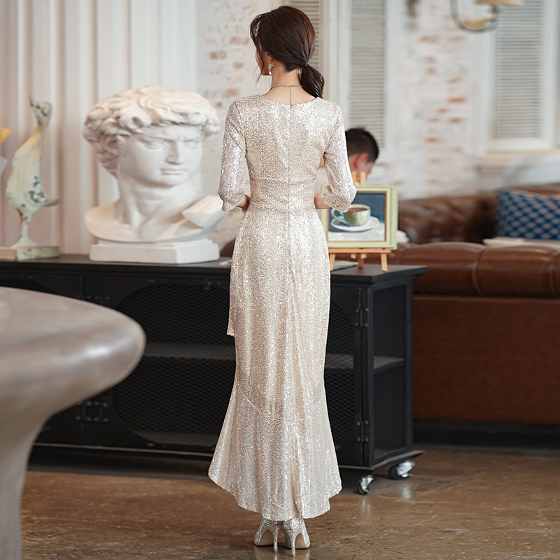 Nail sequins, advanced evening dress for mother, skirt, champagne color, high-quality style, light luxury style, fish tail, suitable for teen Nail sequins, advanced evening dress for mother, skirt, champagne color, high-quality style, light luxury style, fish tail, suitable for teen