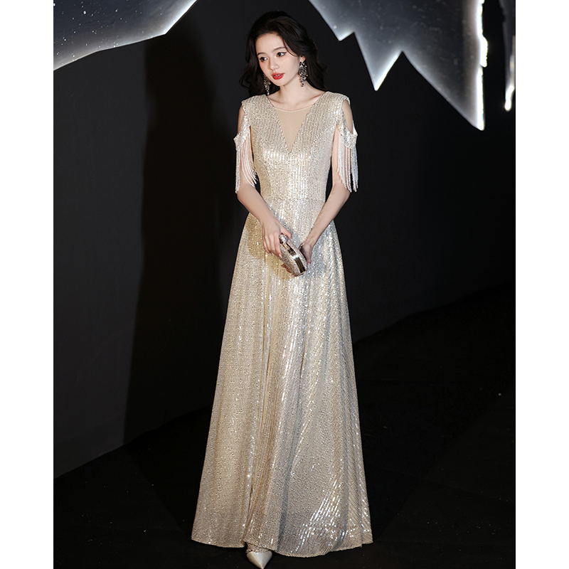 Nail sequins, high advanced evening dress, elite design piano, long skirt, champagne color, high-quality style, light luxury style, trend of season Nail sequins, high advanced evening dress, elite design piano, long skirt, champagne color, high-quality style, light luxury style, trend of season