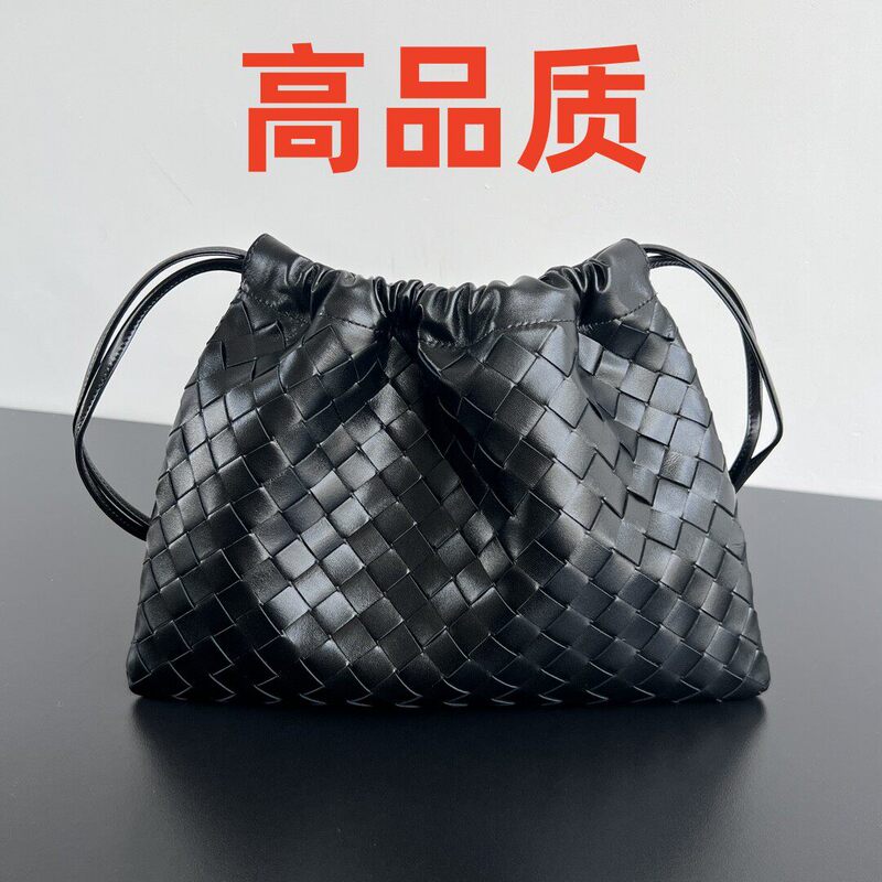 Od Bv New Imported Cowhide Dustbag Woven Women's Bag Single Shoulder Crossbody Drawstring Bag Genuine Leather Bag Garbage Bag