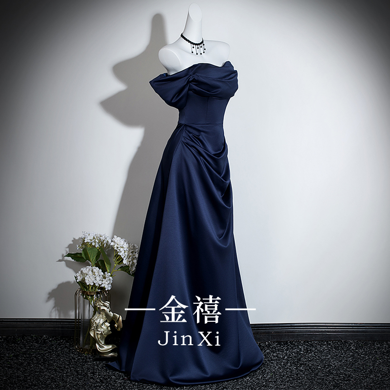 Blue Off-The-Shoulder Light Luxury Evening Dress for Women 2026 New Style Adult Piano Vocal High-End Host Birthday Graduation