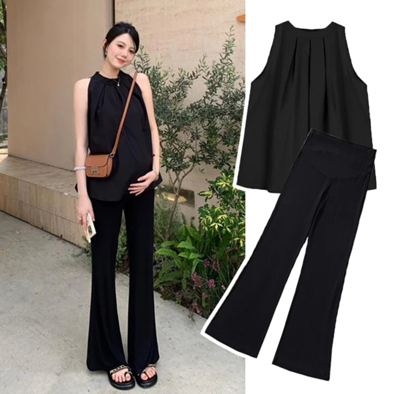 Maternity Set Modal Pants Summer Thin Style for Outerwear Slimming Flared Pants Versatile Drapey Floor-Length Pants for Pregnant Women