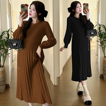 Pregnant womens autumn and winter thickened warm long maternity wear knitted sweater dress knee-high lantern sleeve sweater maternity skirt