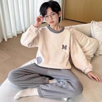 Boys' Pajamas 2025 New Autumn and Winter Flannel Children's Loungewear Boys' Coral Fleece Winter Pullover