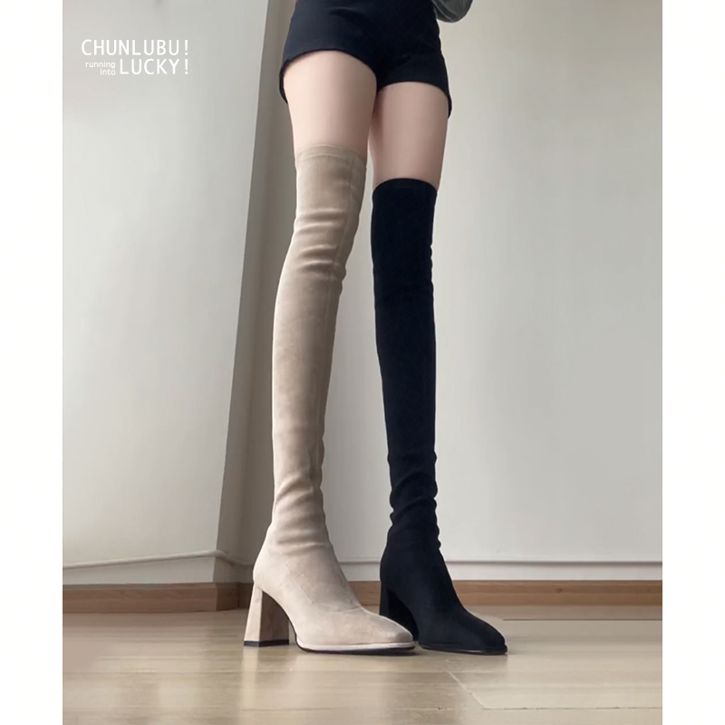 Over-The-Knee Boots for Women, 2026 New Spring and Summer Square-Toe Chunky High-Heeled Trendy Shoes, Slim Boots, High-Tube Stretch Boots