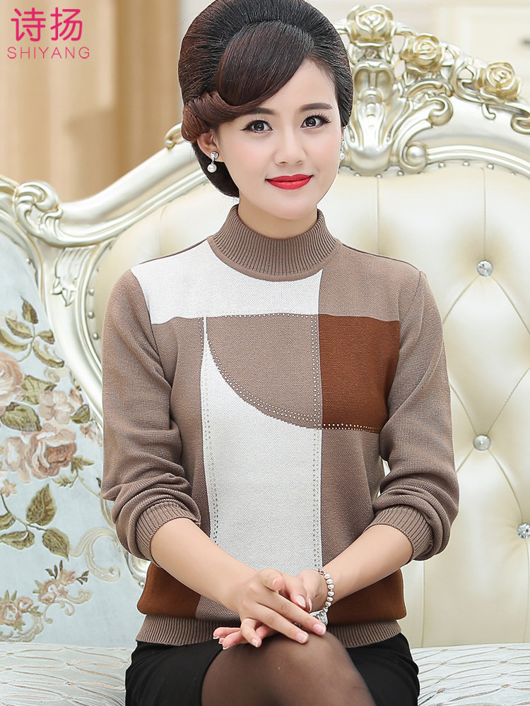 2019 new mother autumn and winter long-sleeved sweater middle-aged women's velvet middle-aged and the elderly base sweater sweater