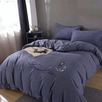 Old rough cloth cotton brushed four-piece set of simple solid color thickened sheets quilt cover cotton embroidery bedding