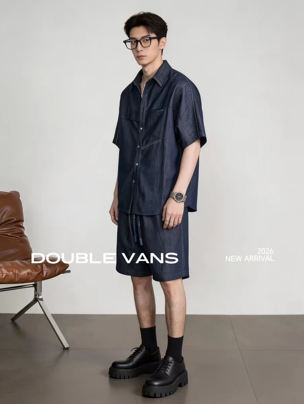 Denim Style Shirt and Shorts Set for Men, New Summer Style, Loose Fit, Two-Piece Commuter Set, Dark Blue Lyocell Blend Denim Style Shirt and Shorts Set for Men, New Summer Style, Loose Fit, Two-Piece Commuter Set, Dark Blue Lyocell Blend