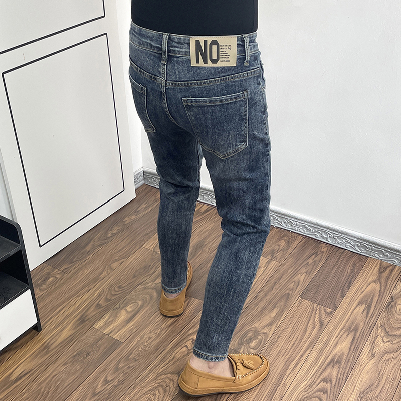 Dark Blue Slim-Fit Jeans for Men, Retro Skinny Stretch Pants, Spring/Summer Trendy Style, Stylish and Cool, Fleece-Lined, Trendy Brand for Youth