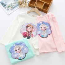 Girls pure cotton discolored bright sheet elastic long sleeve T-shirt Spring-autumn-style thin children with baby cartoon outwear the undershirt