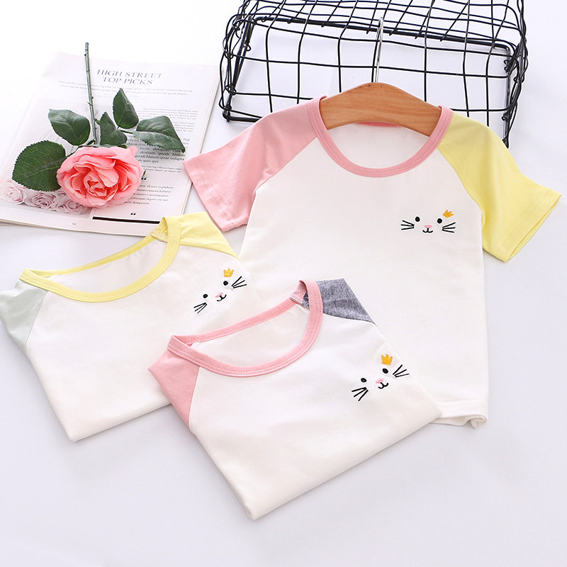 Clear Barn Girl Pure Cotton Summer Thin Stretch of elastic Coloured sleeves Short sleeves T-shirt Small and medium Children's baby Round neckline