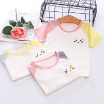 Clear Cabin Girl Pure Cotton Summer Thin Stretch of elastic Coloured sleeves Short sleeves T-shirt Small and medium Childrens baby Round-collar bottom-shirt