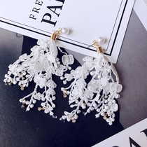  White lace earrings flower cloth with hollow pearl earrings long tassel fabric earrings l