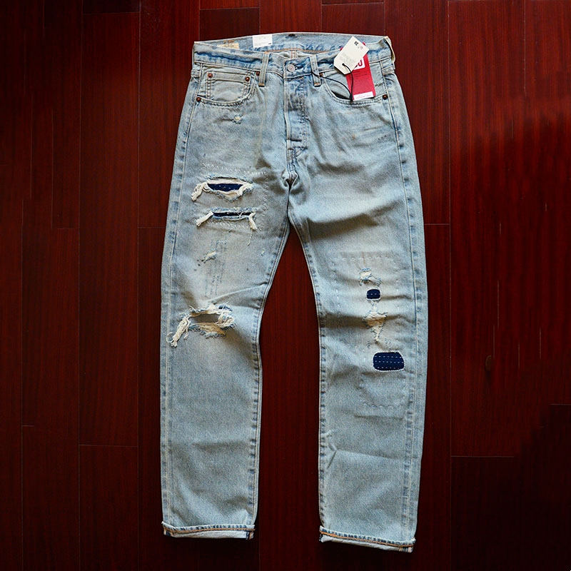 Levis 150Th Anniversary Straight-Leg Distressed Washed Ripped Patched Men's Selvedge Jeans 00501 3376