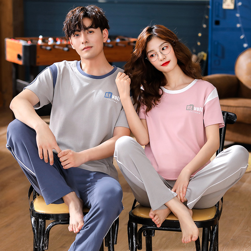 2 sets of couple pajamas women's spring and summer cotton thin section short-sleeved trousers men's casual sports homewear suit
