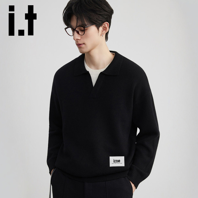 It Izzue Trendy Brand Black Polo Collar Knitwear Men's 2026 Autum Elegant Loose Casual Knitwear Trendy Y
