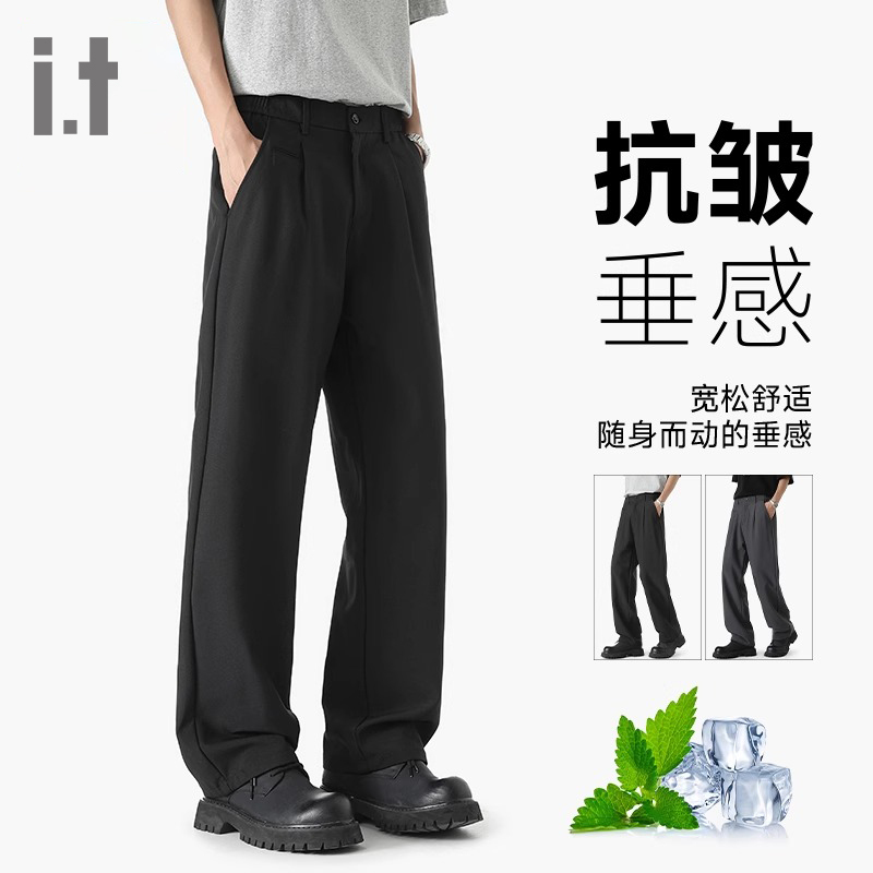It: Izzue Official Suit Pants for Men, Spring and Summer, Loose and Drapey, Straight-Leg Casual Long Pants for Men, Size 6m