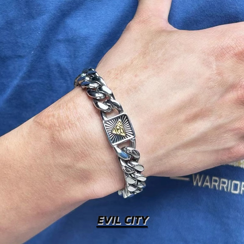 Extremely Evil City, European and American High-End Style, God's Eye, Niche Pure Silver Cuban Bracelet, Men's Trendy and Unique Birthday Gift