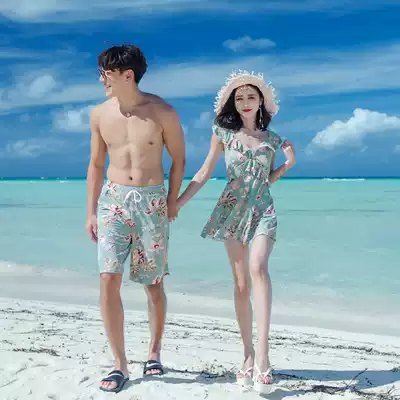2021 new couples swimsuit women's one skirt style small chest gather thin sexy swimsuit men Beach pants swimwear
