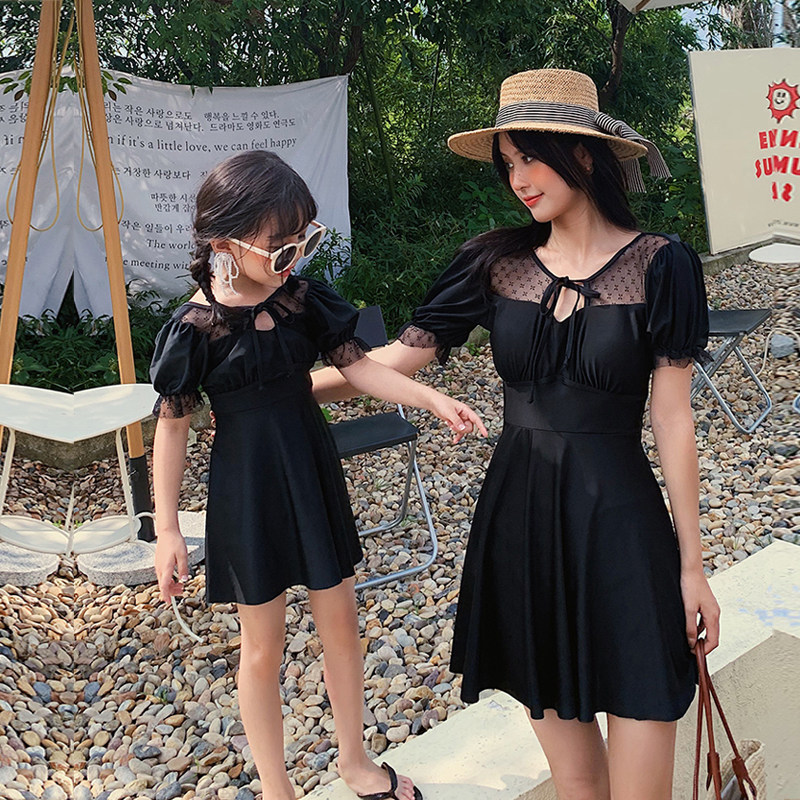 New black parent-child swimsuit mother woman one-piece dress girl girl cute and thin swimsuit seaside swimsuit