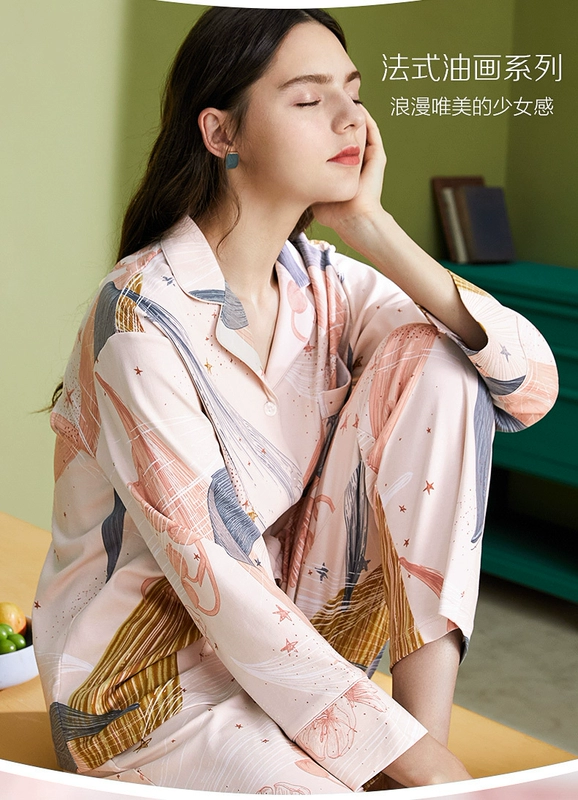 Bộ đồ ngủ cotton tinh khiết của phụ nữ mùa hè dài tay điều hòa không khí phù hợp với cô gái in đậu đỏ - Giống cái