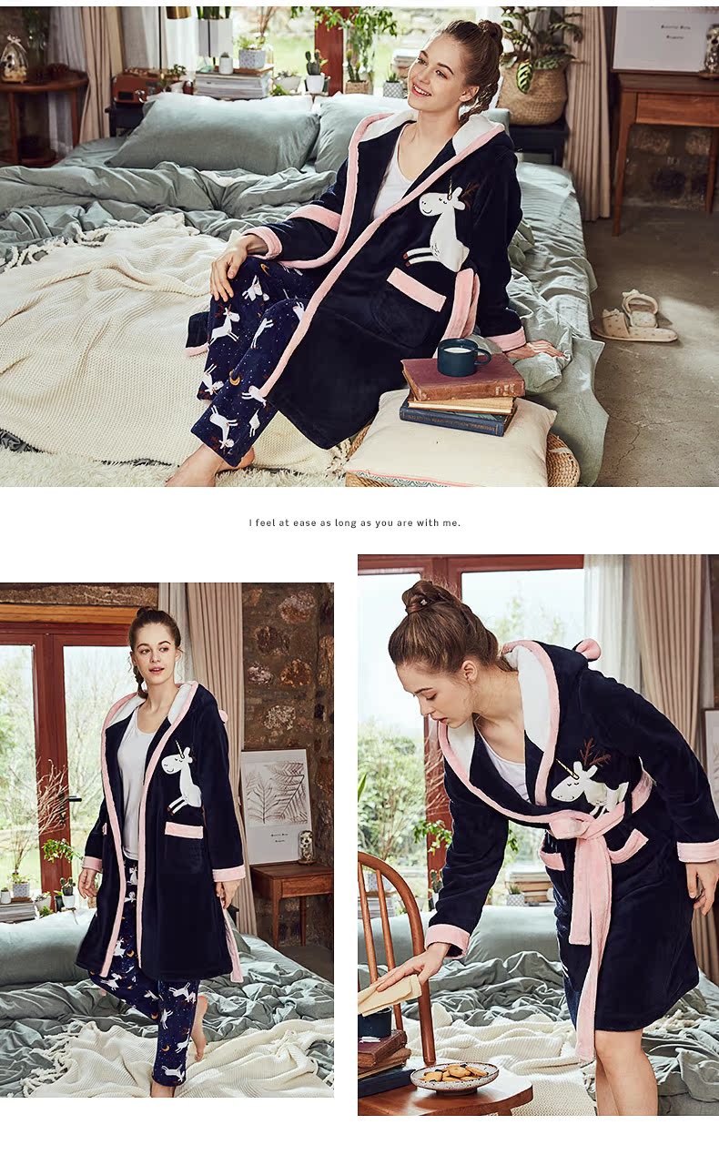 Đậu đỏ nhà mùa đông dày san hô lông cừu đồ ngủ nữ dễ thương phụ nữ flannel đoạn dài áo choàng ấm áo choàng tắm quần áo ngủ nữ mùa hè