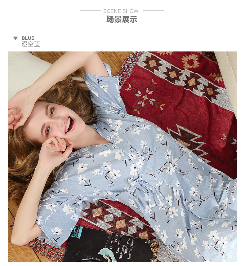 Váy ngủ màu đỏ đậu nữ mùa hè cotton ngắn tay mỏng phần nữ Nhật Bản dịch vụ nhà kimono áo choàng đậu đỏ nhà váy lanh mặc hè