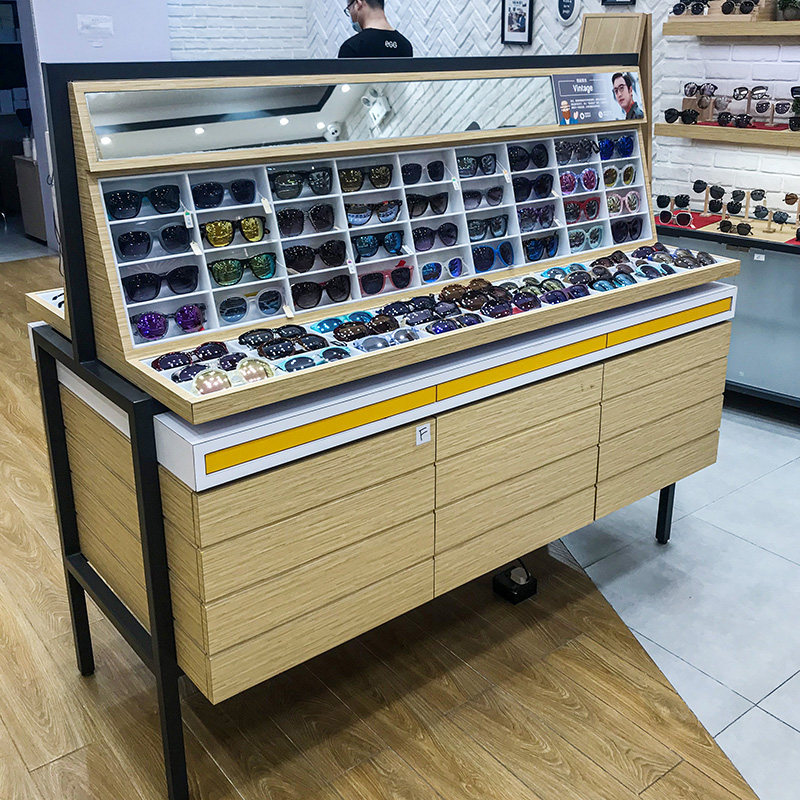 Glasses shop glasses display cabinet Glass display cabinet Solid wood multi-layer lattice cabinet brushed stainless steel glasses shelf custom