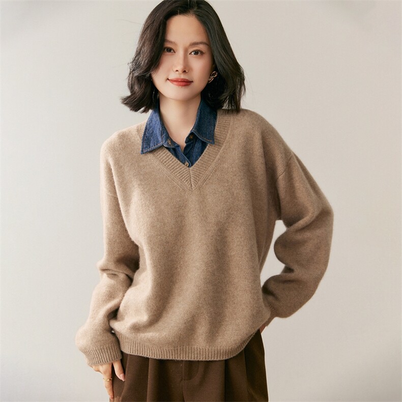 秋季新款v领纯色套头针织衫时尚休闲，女装针织衫/毛衣，鸥蕊娅羊绒