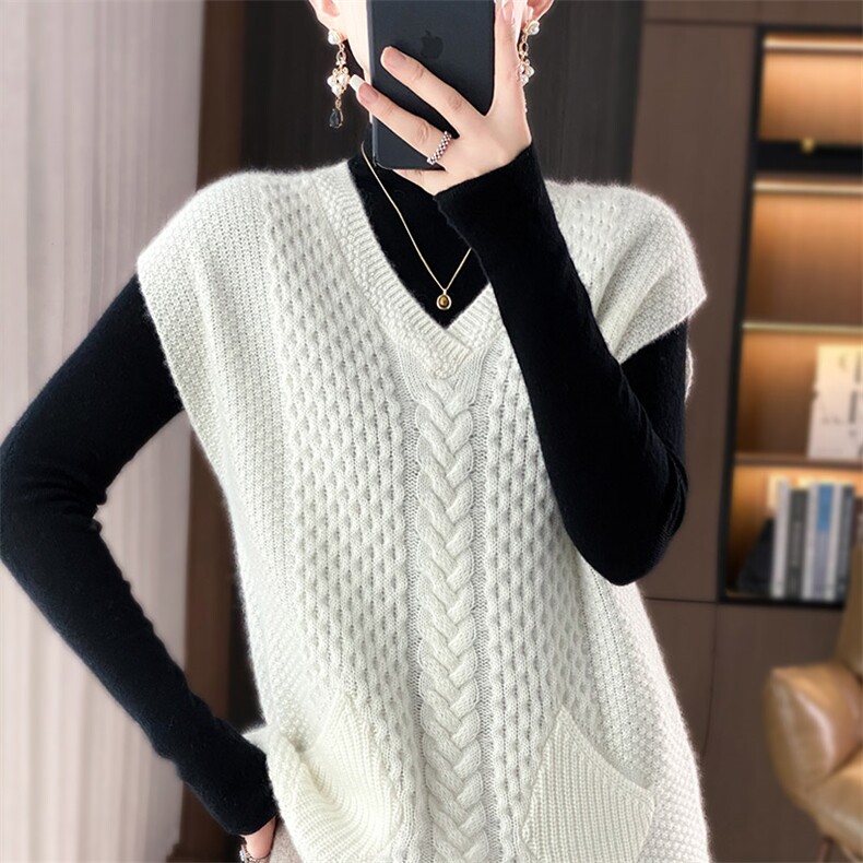 秋冬100%纯羊毛马甲女V领绞花叠穿无袖毛衣羊绒针织带兜坎肩背心，女装马甲，琳华羊绒