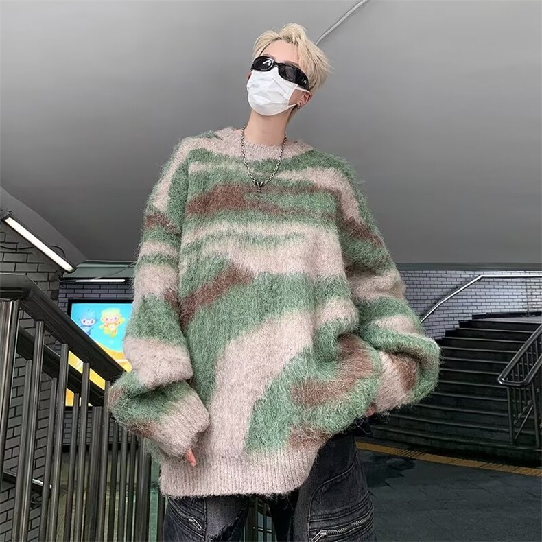 潮撞色条纹慵懒风男冬季宽松复古新款马海毛针织毛衣1330-P48,男装针织衫/毛衣,星座910-5