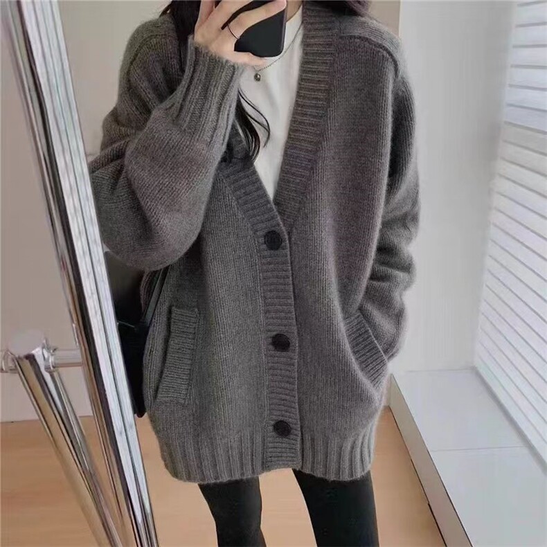 开衫女中长款V领秋冬慵懒软糯休闲宽松保暖针织衫,女装羊毛衫,恒恩羊绒