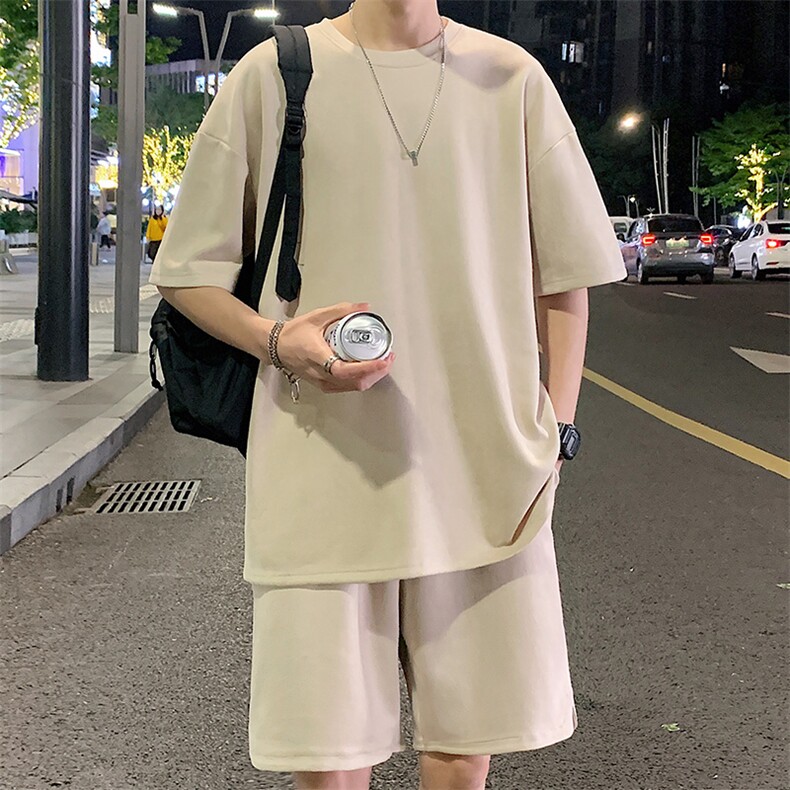 2025夏季短袖套装男士潮流宽松圆领t恤鹿皮绒两件套t2657p45,男装T恤,星座1113