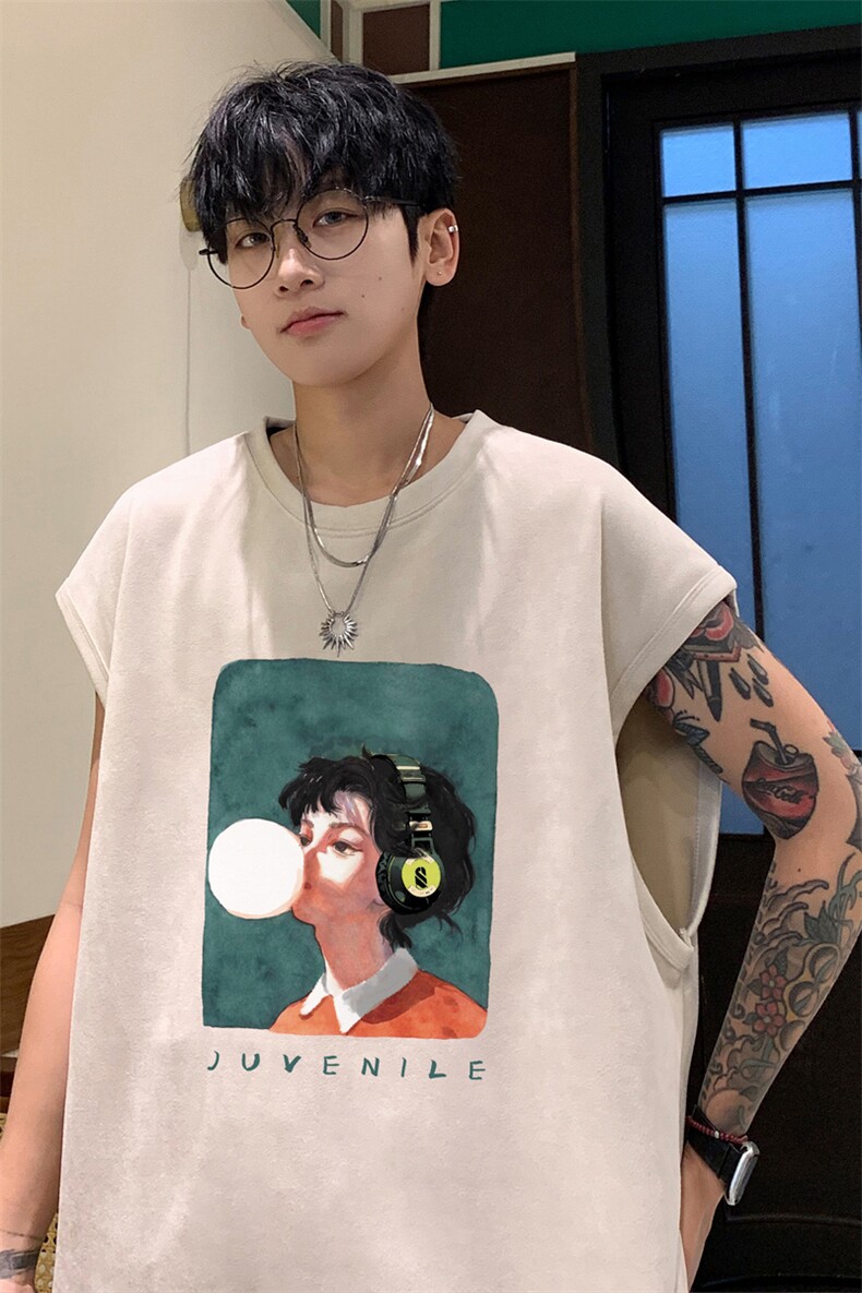 ！2025夏季新款男士百搭麂皮绒无袖短袖潮牌背心TLBX37特P18,男装T恤,电商B220