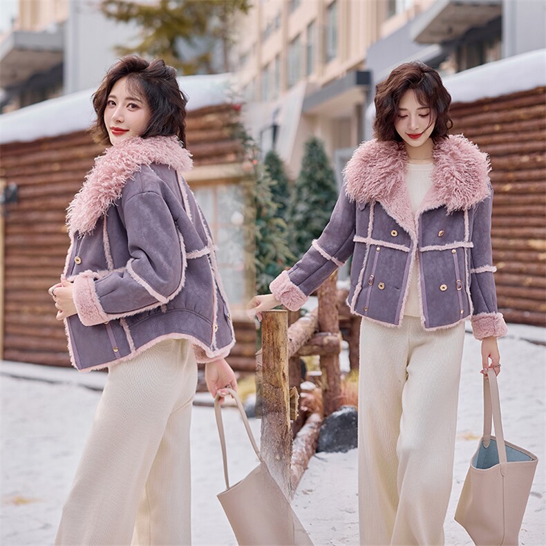 紫色兔毛皮毛一体外套女短款冬季2024新款韩版羊毛卷短款大衣，女装羊羔毛/颗粒绒，千千佰惠
