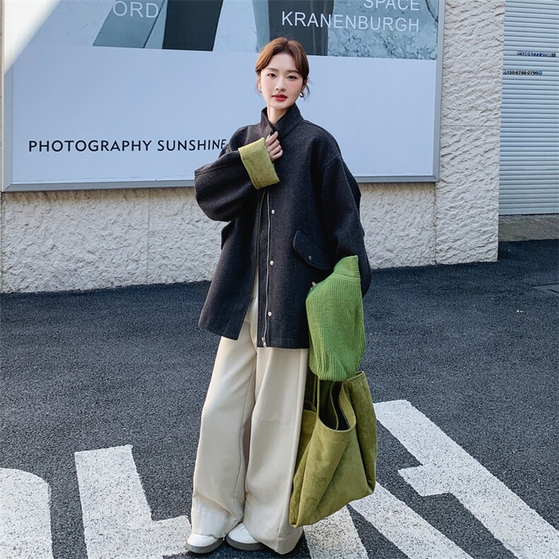 韩系撞色针织拼接拼接夹棉呢外套女秋冬2025新款巨好看气质厚棉服,女装短外套,2C305