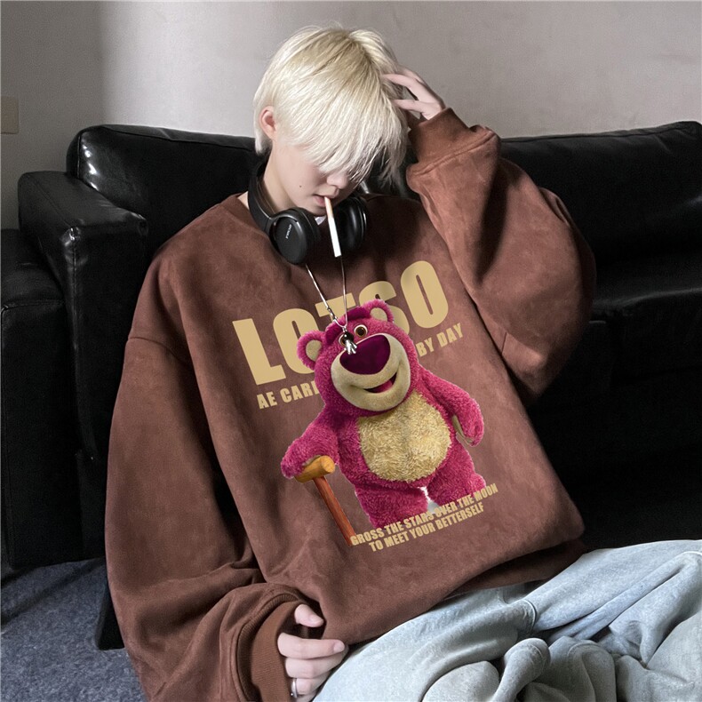 潮流麂皮绒圆领卫衣宽松休闲上衣草莓熊印花JK23333特批36-控59图片